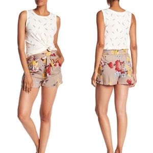 Angie Small Floral Printed Taupe Waist Tie Shorts